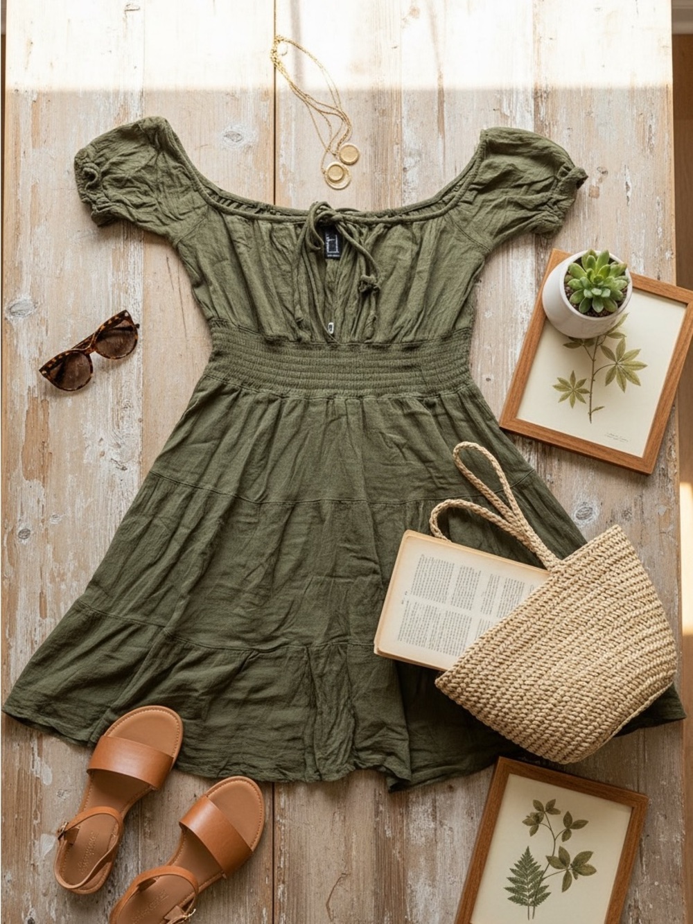 Forever 21 Olive Green Off-Shoulder Smocked Waist Dress